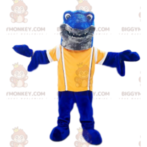 Blauwe haai BIGGYMONKEY™ mascottekostuum met gele trui. haai