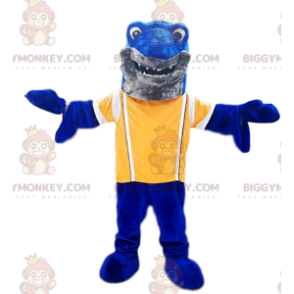 Blue shark BIGGYMONKEY™ mascot costume with yellow jersey.