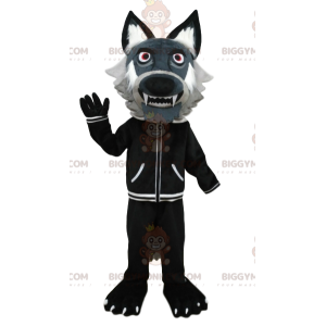 Kostým maskota BIGGYMONKEY™ šedého vlka s černou bundou. kostým