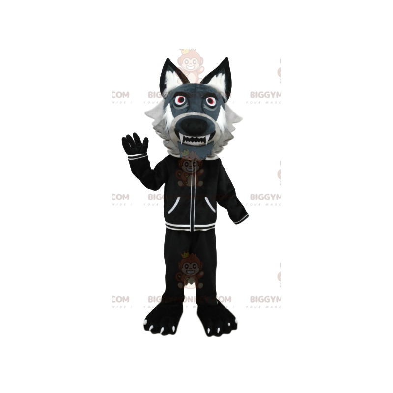 BIGGYMONKEY™ Gray Wolf Mascot Costume with Black Jacket. wolf