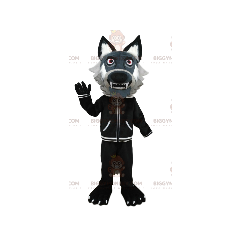 Costume de mascotte BIGGYMONKEY™ de loup gris avec une veste