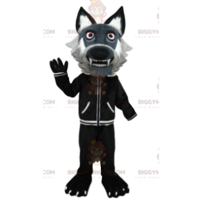BIGGYMONKEY™ Grauwolf-Maskottchen-Kostüm mit schwarzer Jacke.