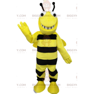 Mycket leende svart och gult bi BIGGYMONKEY™ maskotdräkt. bee