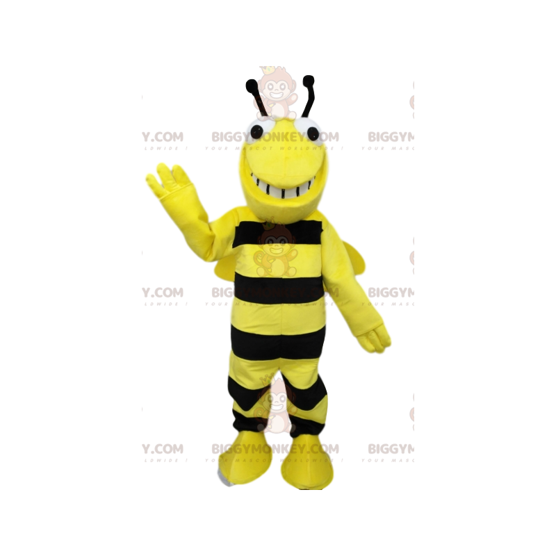 Zeer lachende zwarte en gele bij BIGGYMONKEY™ mascotte kostuum.