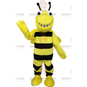 Very smiling black and yellow bee BIGGYMONKEY™ mascot costume.