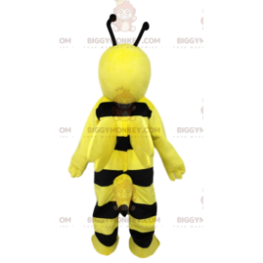 Mycket leende svart och gult bi BIGGYMONKEY™ maskotdräkt. bee