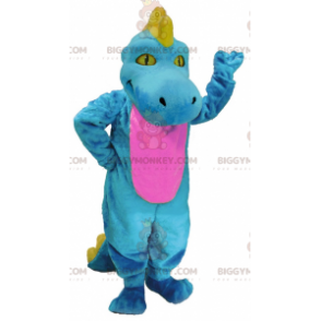 Traje de mascote de dinossauro azul rosa e amarelo BIGGYMONKEY™