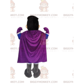 Traje de mascote de super-herói BIGGYMONKEY™ em azul e roxo.