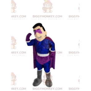 Costume da mascotte da supereroe BIGGYMONKEY™ in blu e viola.