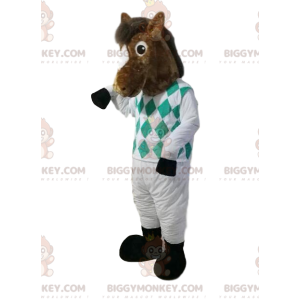 BIGGYMONKEY™ maskotdräkt av brun häst i jockeyoutfit. hästdräkt