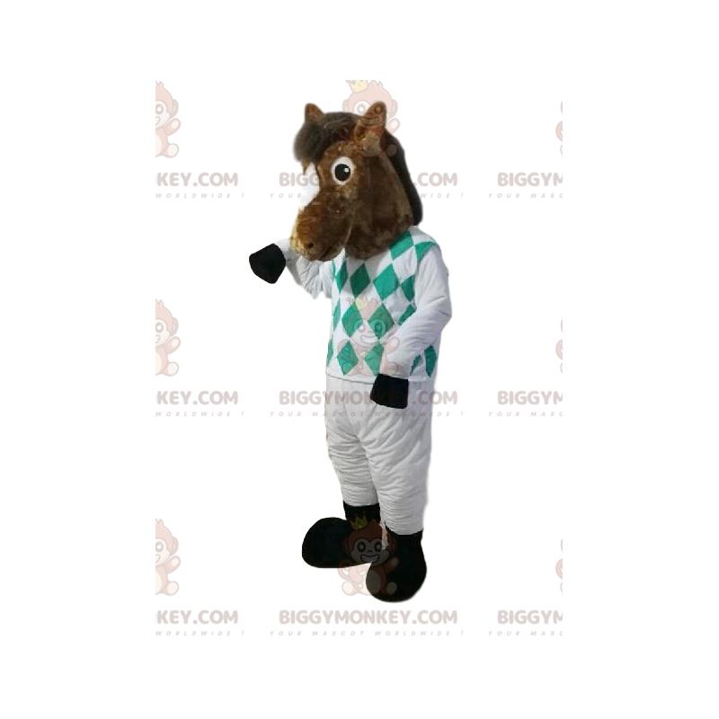 BIGGYMONKEY™ maskotkostume af brun hest i jockeyoutfit. heste