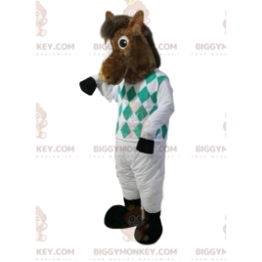 BIGGYMONKEY™ maskotkostume af brun hest i jockeyoutfit. heste