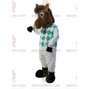 Kostým maskota BIGGYMONKEY™ hnědého koně v žokejském oblečení.