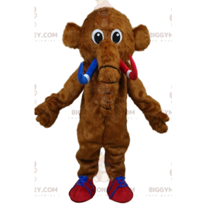 BIGGYMONKEY™ mascot costume of brown mammoth with red and blue