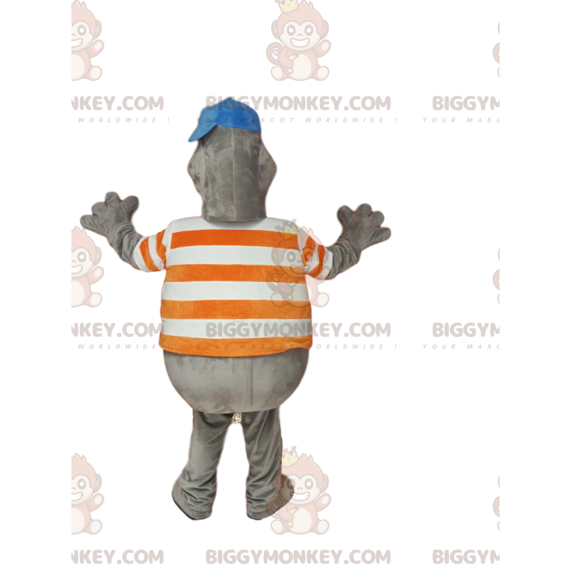 Traje de mascote BIGGYMONKEY™ de selo cinza com gorro azul.