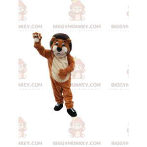 Traje de mascote de leão marrom muito sorridente BIGGYMONKEY™.