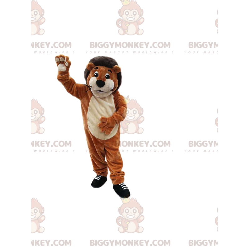 Disfraz de mascota BIGGYMONKEY™ de león marrón muy sonriente.