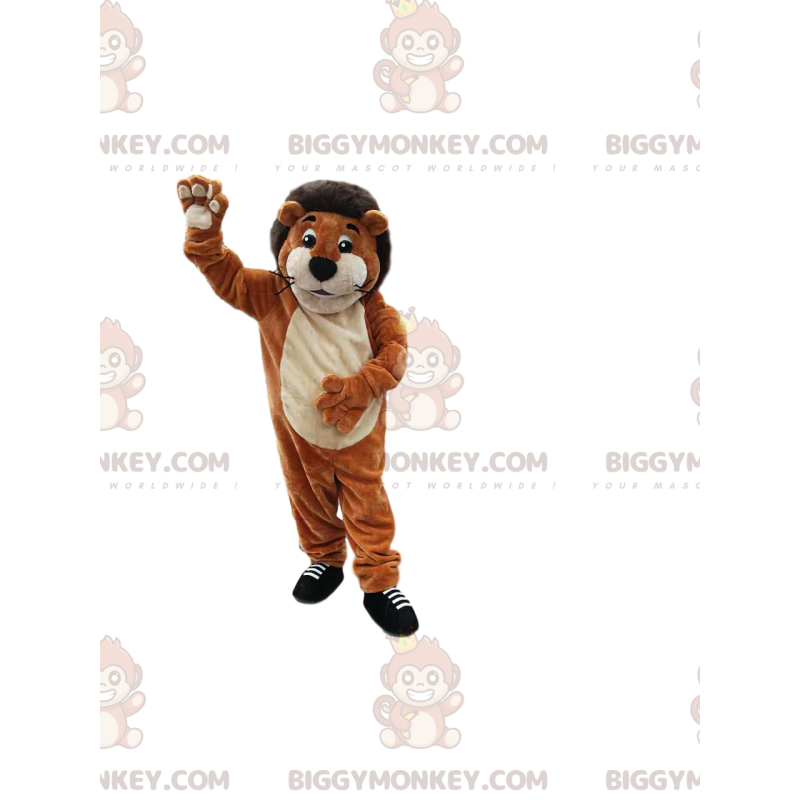 Traje de mascote de leão marrom muito sorridente BIGGYMONKEY™.