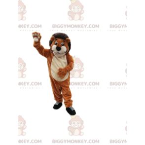 Disfraz de mascota BIGGYMONKEY™ de león marrón muy sonriente.