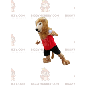 Lion BIGGYMONKEY™ Mascot Costume in Red and Black Sportswear. –