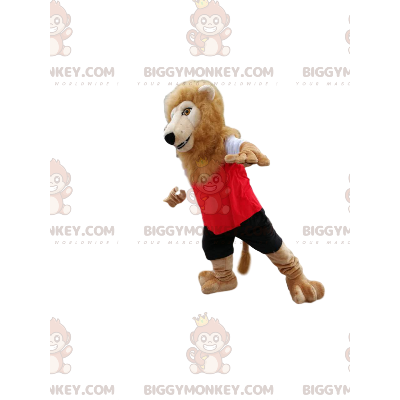 Disfraz de mascota Lion BIGGYMONKEY™ en ropa deportiva roja y
