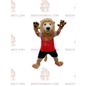 Løve BIGGYMONKEY™ maskotkostume i rødt og sort sportstøj. -