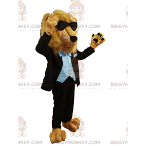 BIGGYMONKEY™ maskotdräkt av lejon i svart kostym, med