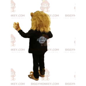 BIGGYMONKEY™ maskotdräkt av lejon i svart kostym, med
