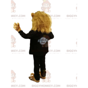 Traje de mascote BIGGYMONKEY™ de leão em traje preto, com