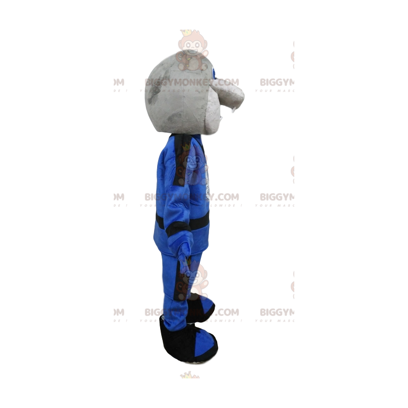 BIGGYMONKEY™ mascot costume of gray snake in blue outfit. snake