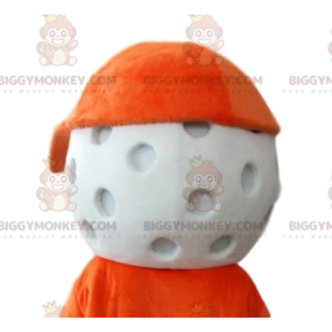Golfpallo BIGGYMONKEY™ maskottipuvun pää oranssilla lippalla. -