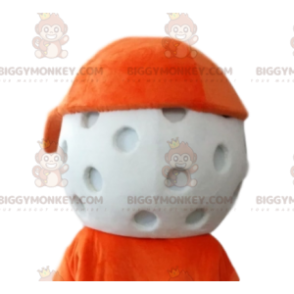 Golf Ball BIGGYMONKEY™ Mascot Costume head with orange cap. -