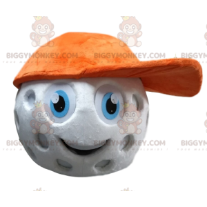 Golf Ball BIGGYMONKEY™ Mascot Costume head with orange cap. –