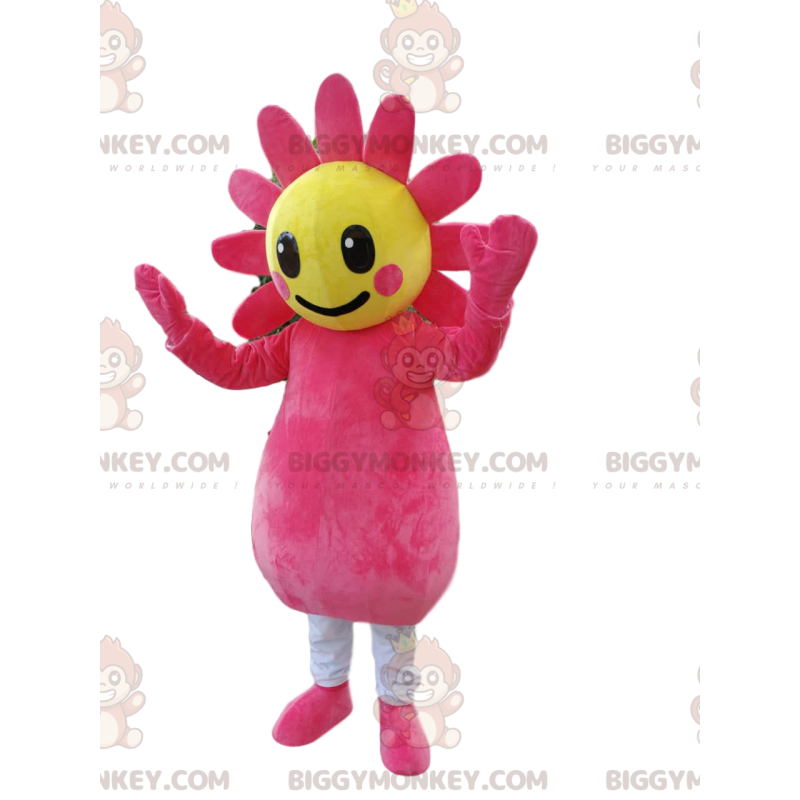 Costume de mascotte BIGGYMONKEY™ de fleur fushia et jaune.