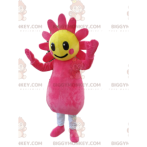 Costume de mascotte BIGGYMONKEY™ de fleur fushia et jaune.