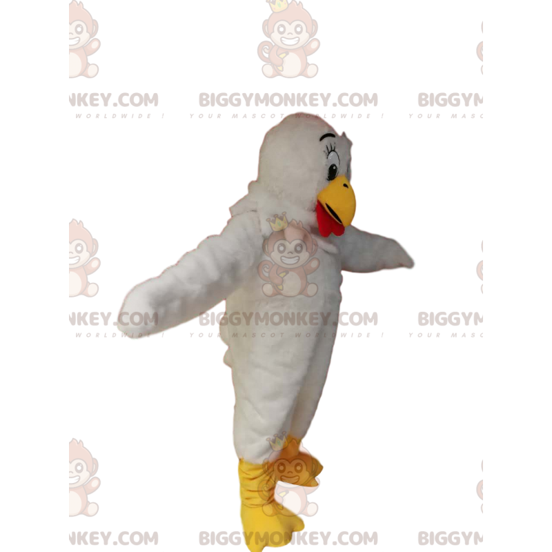 BIGGYMONKEY™ maskotdräkt av vit kyckling med gullig gul näbb. -