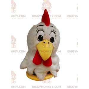 BIGGYMONKEY™ mascot costume of white chicken with cute yellow