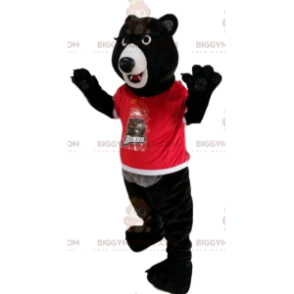 BIGGYMONKEY™ mascot costume of black bear in red jersey. black