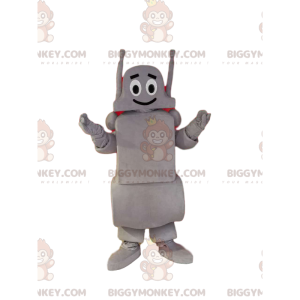 Fantasia de mascote BIGGYMONKEY™ do robô cinza sorridente.