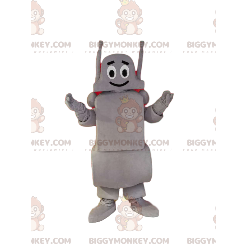 Kostým maskota s úsměvem šedého robota BIGGYMONKEY™. kostým