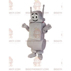 Costume de mascotte BIGGYMONKEY™ de robot gris souriant.