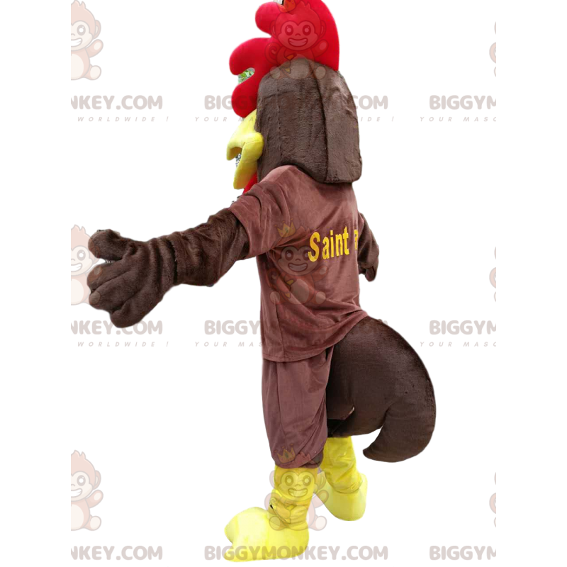 Brown chicken BIGGYMONKEY™ mascot costume, with a beautiful red