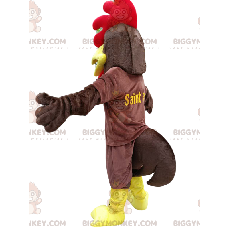 Brun kyckling BIGGYMONKEY™ maskotdräkt, med ett vackert rött