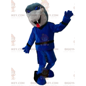 Traje de mascote BIGGYMONKEY™ de cobra cinza com conjunto azul.