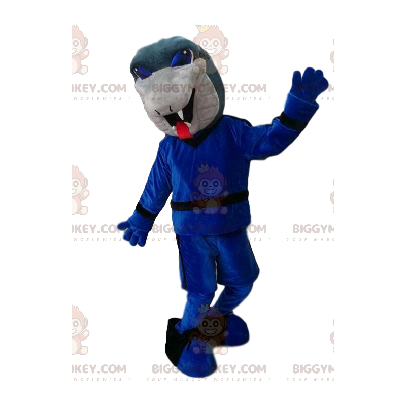 Traje de mascote BIGGYMONKEY™ de cobra cinza com conjunto azul.