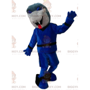 Traje de mascote BIGGYMONKEY™ de cobra cinza com conjunto azul.