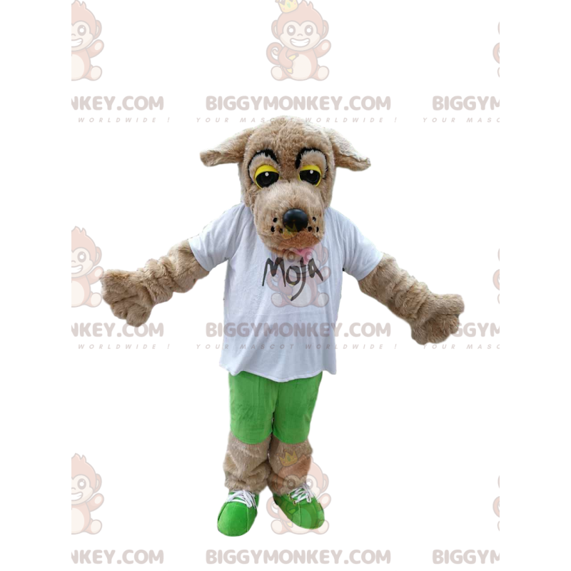 Traje de mascote BIGGYMONKEY™ de cachorro bege tocante com uma