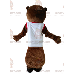 BIGGYMONKEY™ mascottekostuum bruine bever in witte sportkleding