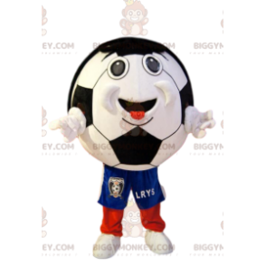 BIGGYMONKEY™ Mascot Costume Smiling Soccer Ball In Blue Shorts