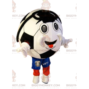 BIGGYMONKEY™ Mascot Costume Smiling Soccer Ball In Blue Shorts